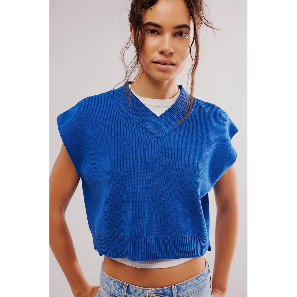 Free People Easy Street Vest XL Blue Ribbed V-Neck Knit Cropped Boxy Slouchy